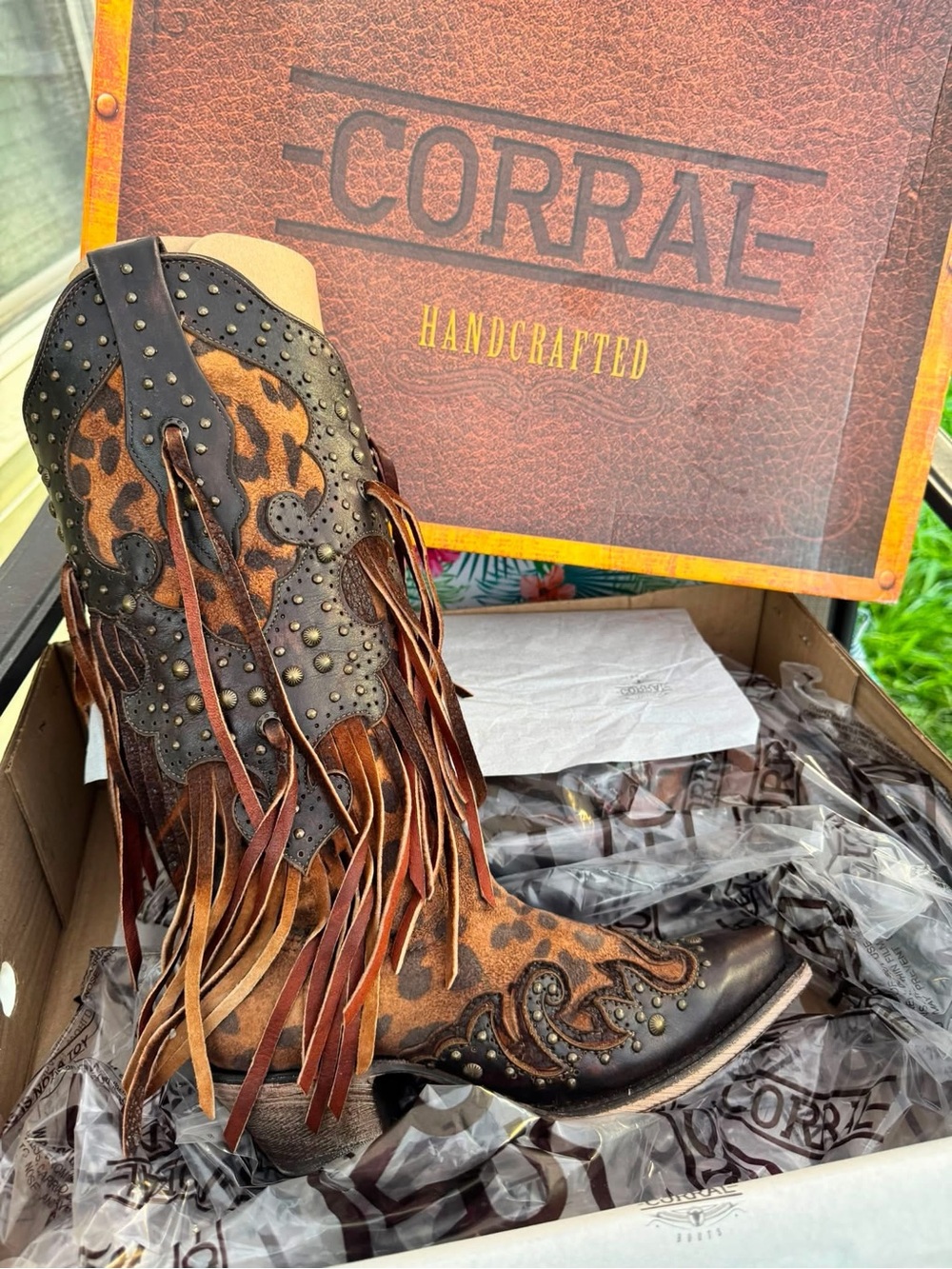 Corral a3618 - Fringe Leopard Western Boot - Brown